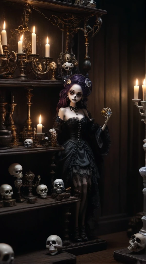 topless zombie girl, long bloody hair, seductive eyes, mysterious expression, mature appearance, charming sheer dress, flowing short dress, elegant jewelry, intricate decoration, magic symbols, glowing accessories, potions, scrolls, cute accents, bows, ribbons, flowers, birds, skeleton