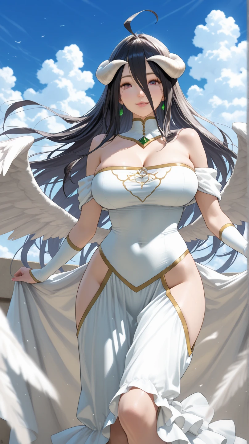 ((masutepiece, Best Quality)),Photography, Detailed skin, Realistic, Photorealsitic, 8K, Highly detailed, full length frame, High Detail RAW Color Art, diffused soft lighting, Shallow depth of field,
White the&Garuda with Yellow Edges_Dress, Crimson Bird_Woman with spread wings ,Black eyes、adorable smiling、Light blue long hair、Twin-tailed、Wearing a white and yellow Edge Garuda_Dress