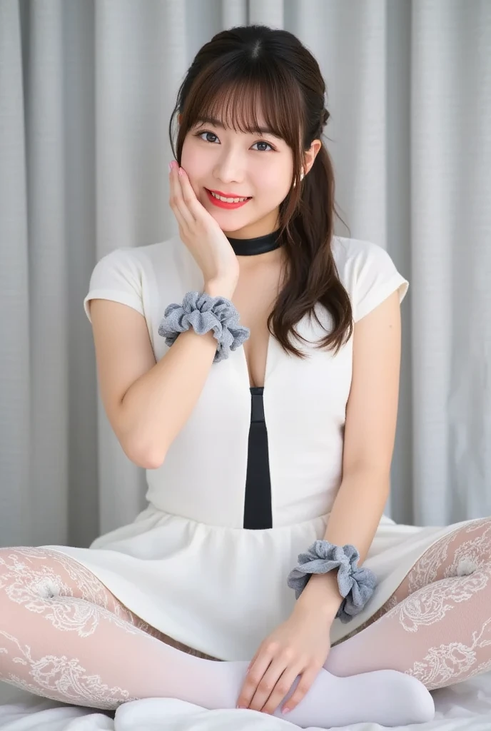 (Japanese Idols, 1 girl, Unparalleled beauty, Seduce, smile, Small face, Perfect Style, Body based on human mechanics, RAWphotograph, Real person:1.4) photograph, (Professional Lighting), (((Very detailed^_^Face))), ((double eyelid)), (Boobs Sharp Focus:1.4), (Brown Hair, ponytail, Elegant light make-up, eyeliner, mascara:1.4), Huge breasts, Beautiful smooth skin, Soft Skin, 20-year-old, ((slender body)), (White Bikini, Shiny black leather skirt, Black fishnet stockings, Tifa Lockhart:1.4), 魅力的Face, NSFW, 