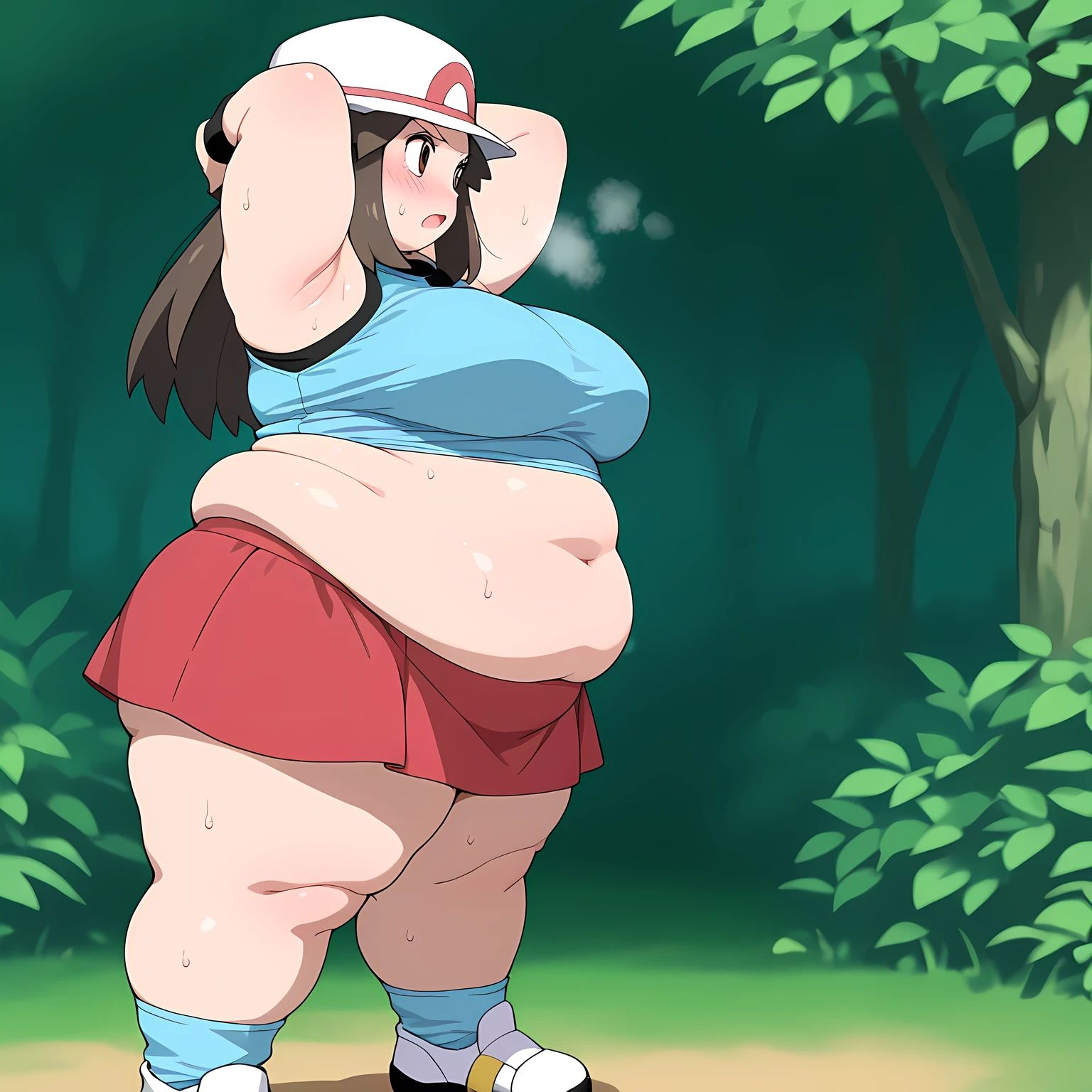 masterpiece, best quality, 1girl, solo, zzleaf, leaf (pokemon) brown eyes, brown hair, long hair, long hair,
zzleaf, leaf (pokemon) brown eyes, brown hair, long hair, long hair, hat, blue shirt, sleeveless, wristband, red skirt, blue socks, white footwear, medium breasts, anime coloring BREAK armpits, armpit focus, blush, frown, hands behind head, arms up, from side, sideboobs, sweat, fat, chubby, obese, gigantic arms and legs, large breasts open mouth, out of breath
