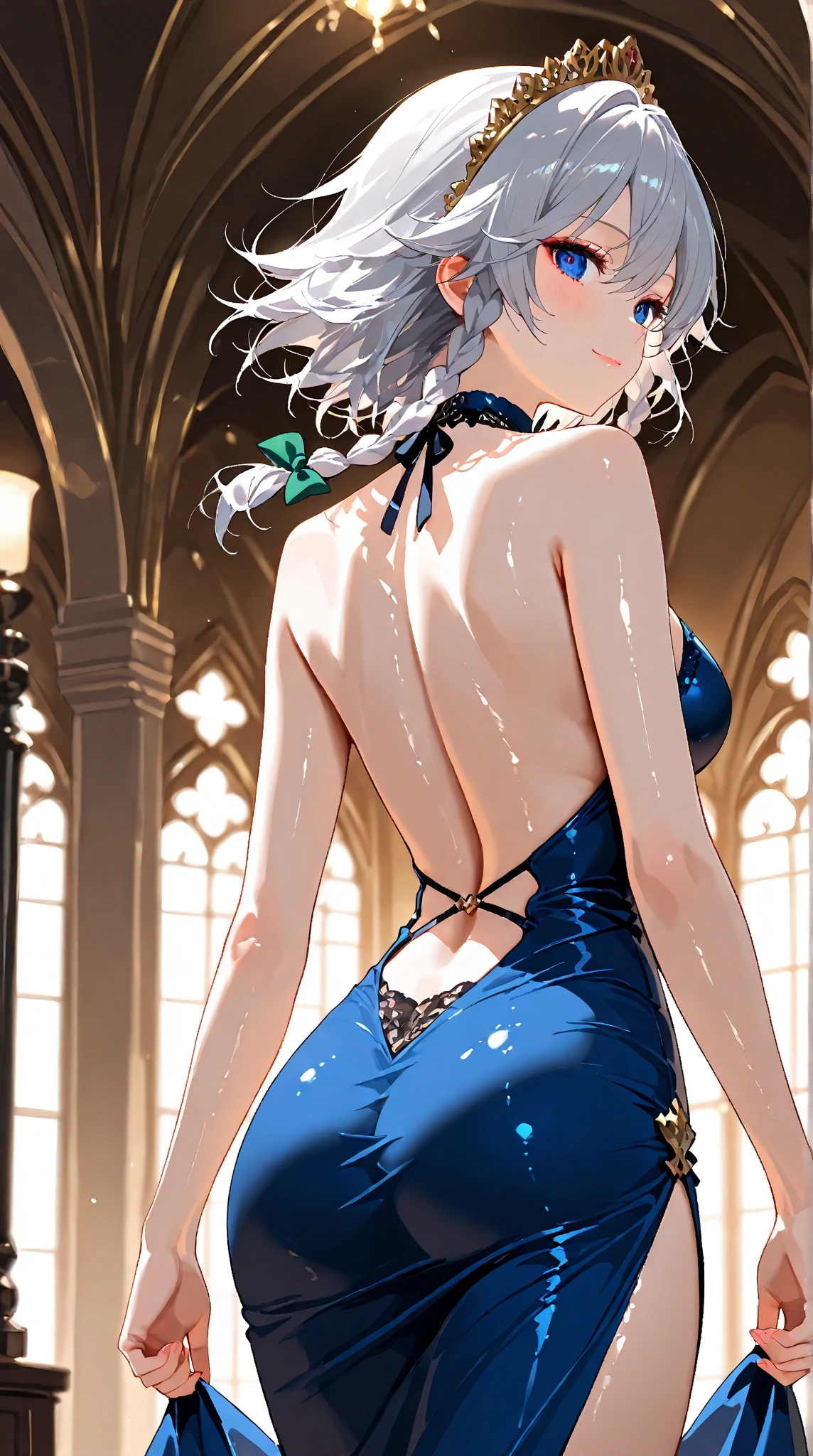 Furina from Genshin Impact), 1 girl, standing (on the beach), nails painted blue, (((arms on waist))), ((thong bikini)), (((muscular legs))), (( (showing her ass to me))), muscular belly, standing, barefoot, (short hair), medium breasts, eye reflection, glowing eyes, glowing eyes, evil smile, anime, anime style, cinematic lighting, glare, artifacts jpeg, bright light, divine rays, ray tracing, panorama, Canon, UHD, masterpiece, textured skin, super detail, high details, best quality, high resolution, 16k