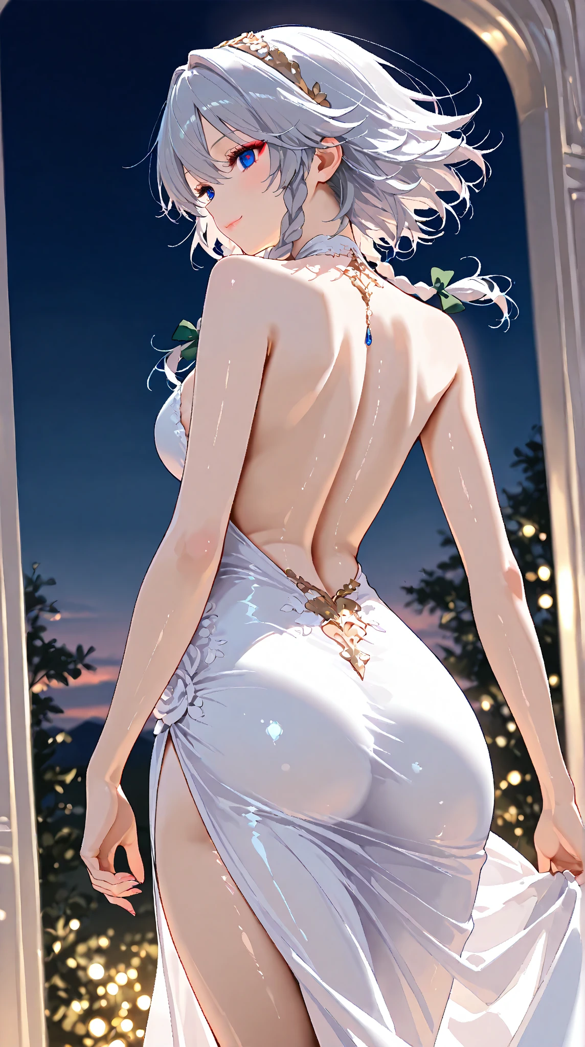 (from back below1.4), super high quality, 8k, RAW photo, realistic, wearing white casual long dress, (skirt lift:1.4), black lace skimpy bottom thong panty, wind, white messy short hair, forehead, hair over one eye, cute woman, shining gold big eyes, annoying sexy expressions, red sexy thick lips, ass, slender, background stairs
