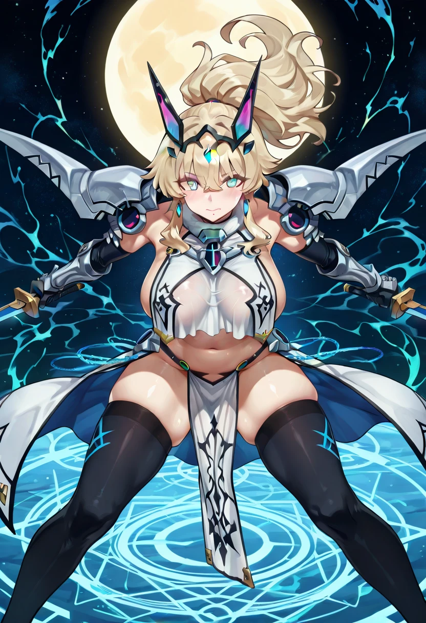 sticker, luna epic seven, white hair, pair of dragon horn, bikini armor, cute, blush, cute smile, blue eyes, full body, sexy, slim body, big breast, dynamic pose, white background, white strokes, bold outline