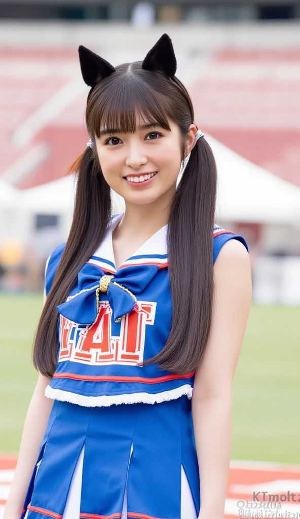 a beautiful picture of moakXL, detailed skin texture,masterpiece, photorealistic, woman, 4k, backlighting, light, RAW color photo,(fully in frame:1.1), (blush:0.5), (goosebumps:0.5),pigtails, <lora:moakXL:1> wearing a (cheerleader outfit:1.3), baseball stadium, cute smile