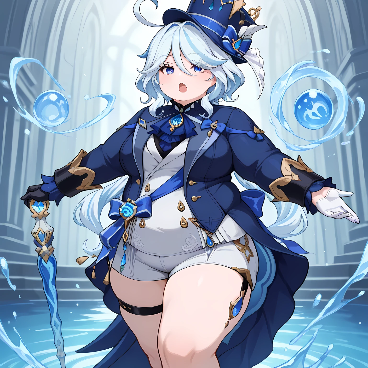 masterpiece, best quality,
furinagen, 1girl solo, blue eyes, long hair, bangs, hair ween eyes, multicolored hair, two-tone hair, streaked hair, white hair, light blue hair, ahoge, hat, top hat, hat bow, blue bow, blue headwear, tilted headwear, ascot, blue ascot, jewelry, brooch, shirt, grey shirt, coat, blue coat, long sleeves, open coat, open clothes, gloves, half gloves, white gloves, black gloves, ribbon, blue ribbon, frills, vision (genshin impact), shorts, short shorts, grey shorts, gemstone, blue gemstone, thigh strap, cane, holding cane, magic, water, spell, bubbles fat, chubby, obese, gigantic arms and legs, large breasts open mouth, out of breath
