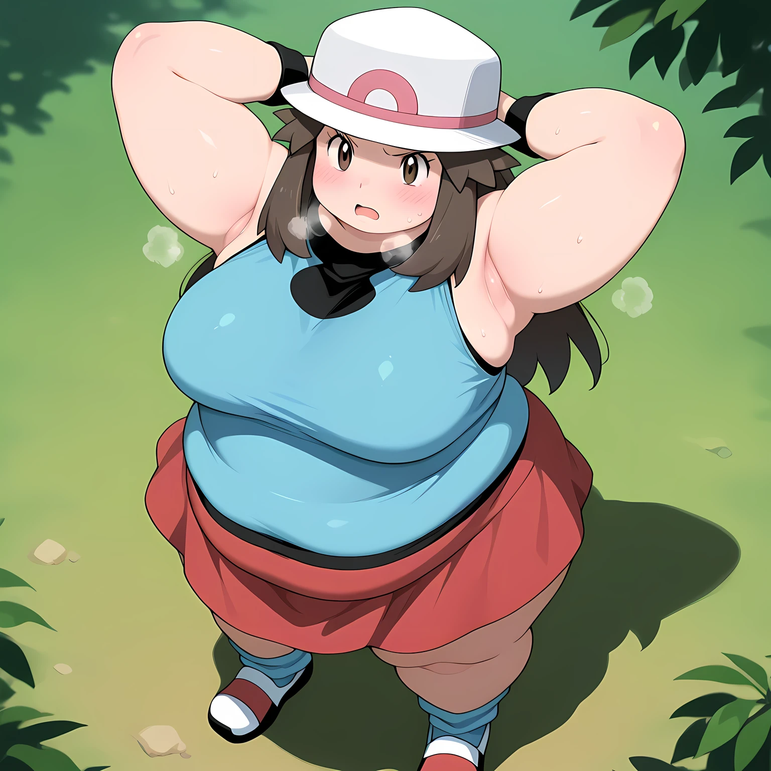 masterpiece, best quality, 1girl, solo, zzleaf, leaf (pokemon) brown eyes, brown hair, long hair, long hair,
zzleaf, leaf (pokemon) brown eyes, brown hair, long hair, long hair, hat, blue shirt, sleeveless, wristband, red skirt, blue socks, white footwear, medium breasts, anime coloring BREAK armpits, armpit focus, blush, frown, hands behind head, arms up, from above, sideboobs, sweat, fat, chubby, obese, gigantic arms and legs, large breasts open mouth, out of breath