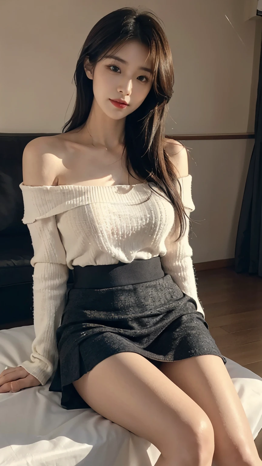 ((realistic lighting, highest quality, 8K, masterpiece, medium shot: 1.3)), clear focus: 1.2, 1 girl, perfect figure: 1.4, ((dark brown hair)),((one length,I can see the forehead)),At a movie shooting site,(sit on a step:1.2),(White off-shoulder knit),(tartan check miniskirt :1.2),(black knee high socks:1.3),(Part of the thigh is visible),(The girl pointed out her thick heels :1.1),(accurate and perfect face:1.3),hyper hd, ray tracing,structurally correct, (open legs;1.5),white panties are visible,Taking a selfie with a black smartphone,Your face is hidden by your smartphone