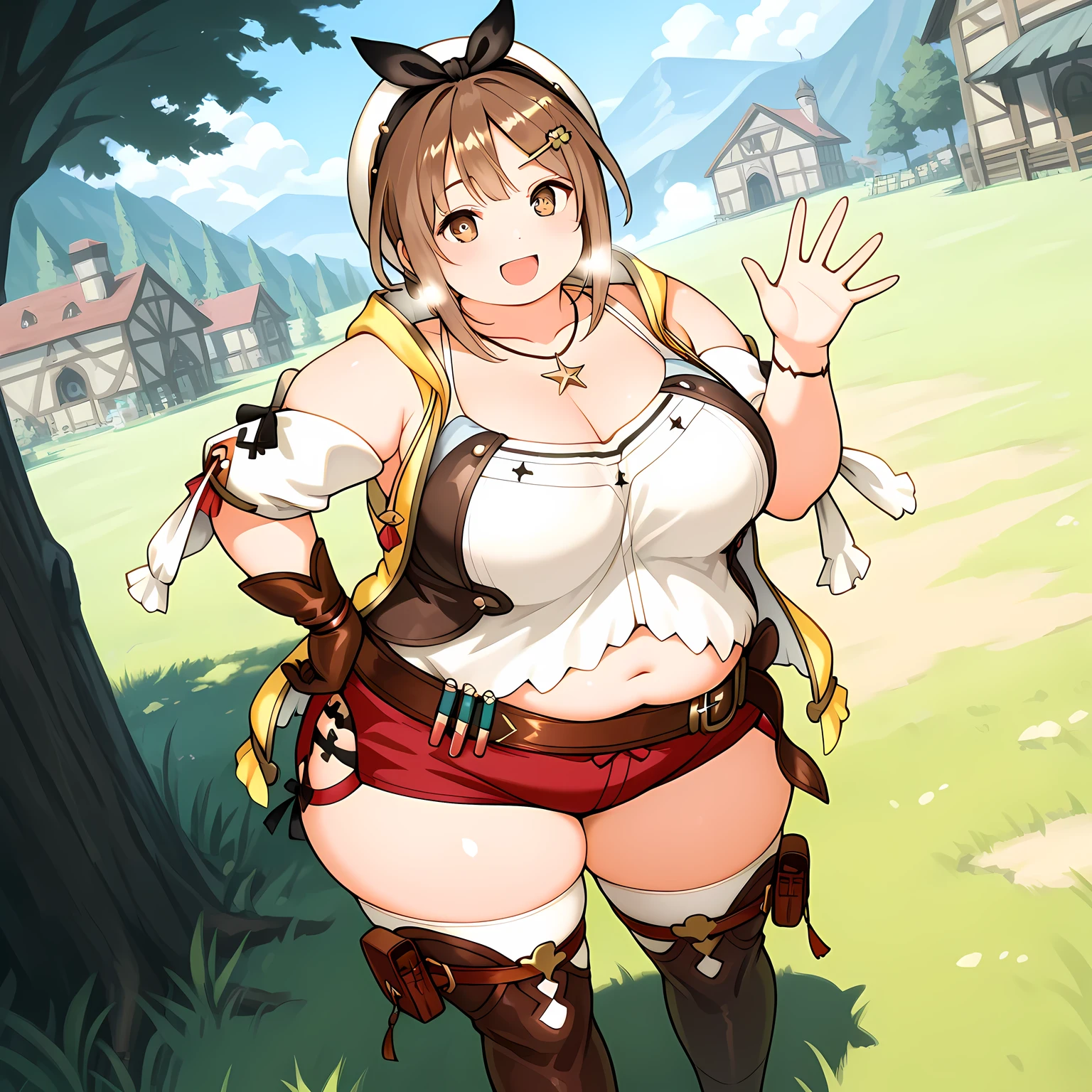 masterpiece, best quality, 1girl, solo, RyzaFirst, short hair, white beret, black bow hairband, hairclip, star necklace, yellow jacket, sleeveless jacket, white shirt, detached sleeves, navel, brown glove, single glove, brown belt, red shorts, thigh pouch, white thighhighs, brown thigh boots, outdoors, waving at viewer, smile, hand on hip, contrapposto, wide shot, dutch angle, fantasy, medival village, fat, chubby, obese, gigantic arms and legs, large breasts open mouth, out of breath, from above,