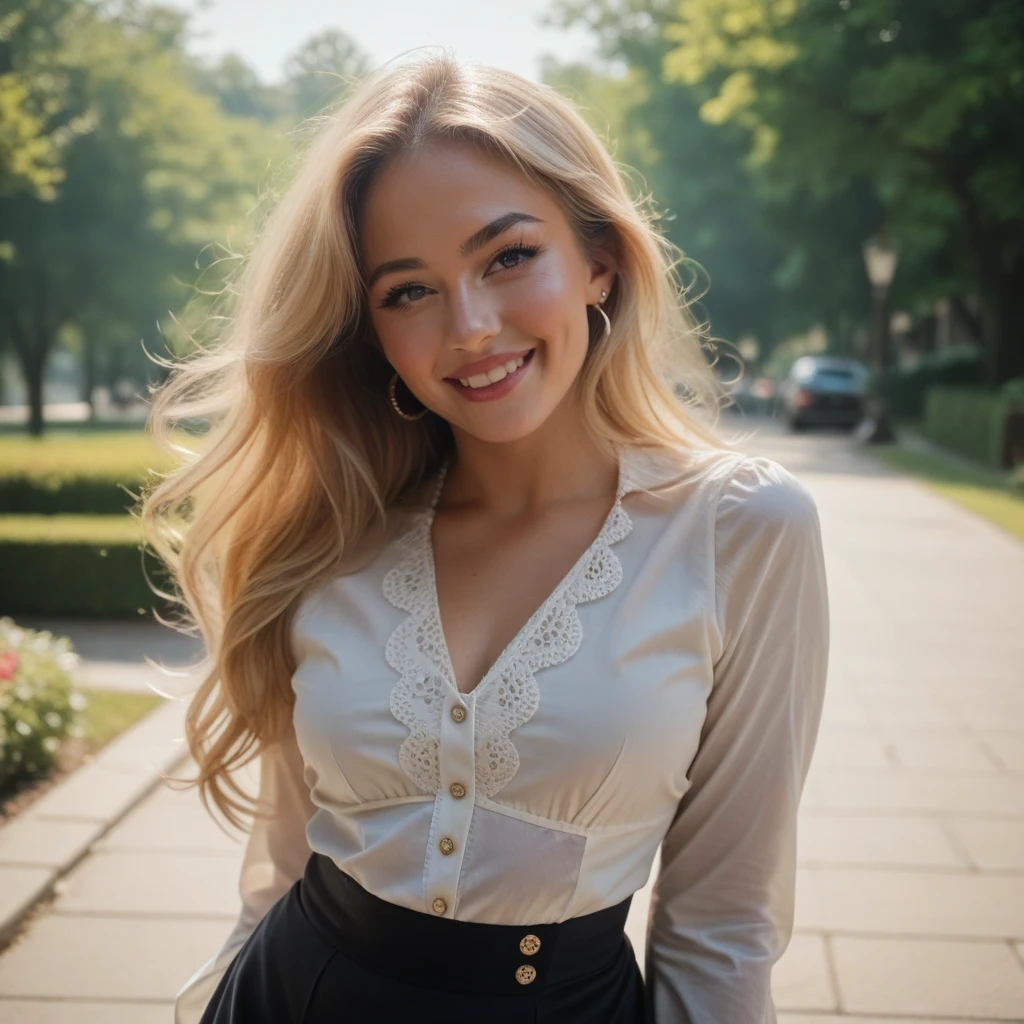 (beautiful, detailreiches Haar blond, blaue Augen, beautiful teeth, whole body recording, in der schule mit einem Apfel in der hand und in (Adorable freckles), (charming smile, schelmischer Ausdruck), (verspielte Pose), (business dress), (wunderliche Brise, wallende Haare), (Bokeh-Hintergrund), (lebendige Farben, rich tones), (froh, sorglos), (fesselnd, Zauberhaft)