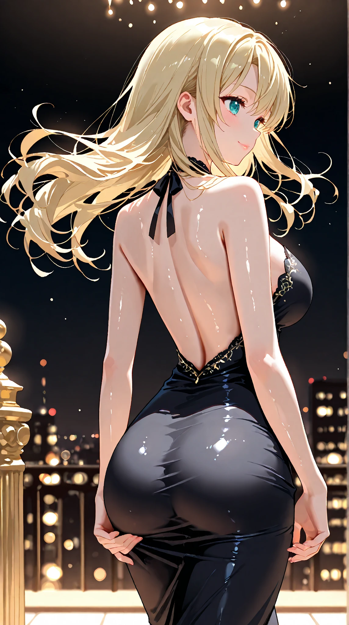 (rear view), (sexy pose), (sexy girl), masterpiece, best quality, full body, 1girl, bangs, blush, breasts, collarbones, ear piercings, eyebrows visible through hair, (long wave blonde hair), forehead, jewelry, long hair, looking at the viewer, piercings, (black dress), (goth), bright blue eyes, (solo), illustration, fashionable, woman, posing, background, elements, confident, Accessory, Majestic, Rolled, Around, Touch, Scene, Eye-catching, Larger, Focus, Dynamic Pose