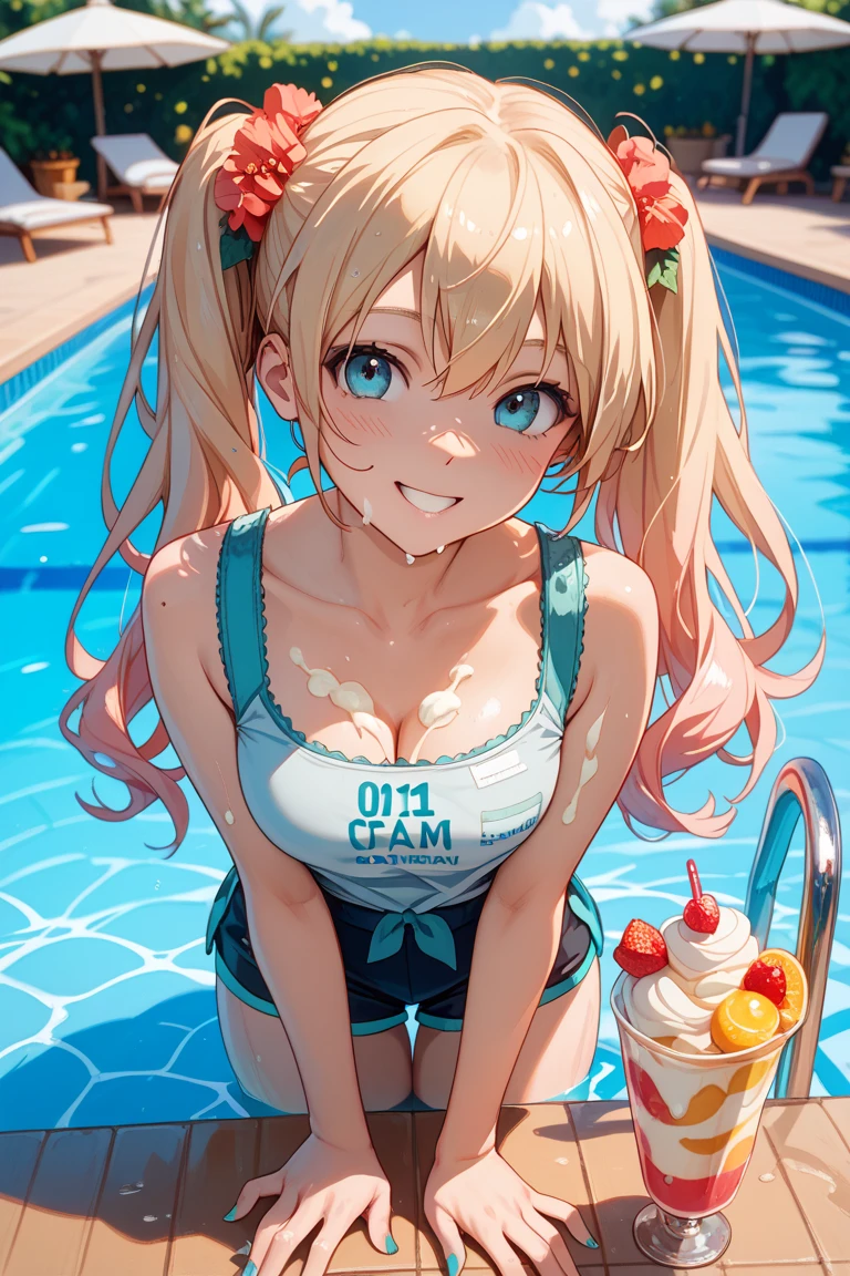 wet bodysuit, blonde, Short pigtails, holding a lollipop, One piece, Colorful Room, nature, Bright, top quality, 8K