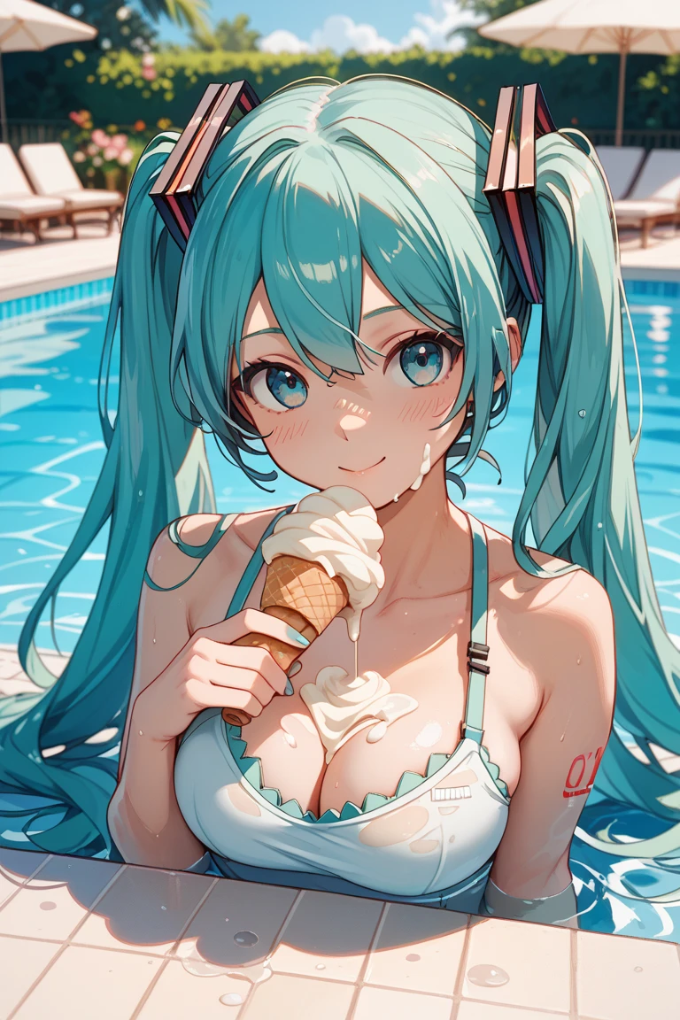 Hatsune Miku frying tempura in the pool
