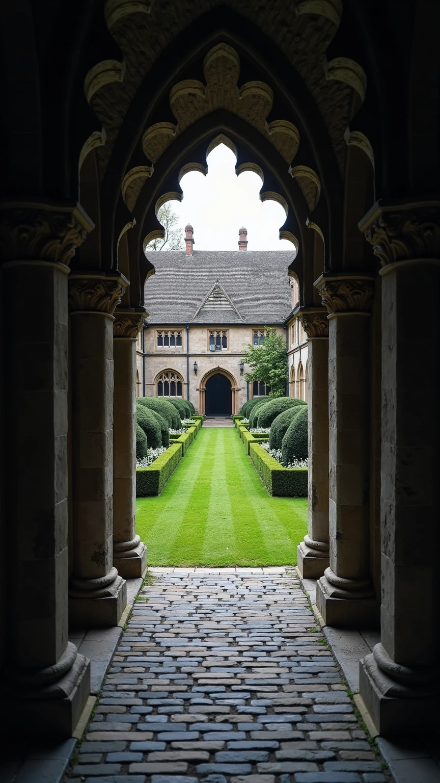 A masterpiece, photorealistic digital photograph from an eye-level perspective inside a medieval Gothic cloister walkway. The composition peers through a series of elegant, slender stone columns that are arranged in a staggered double row, creating a deep, rhythmic frame. These dark, silhouetted columns and their pointed arches lead the eye towards the central courtyard garden, or garth. The garden is perfectly manicured, featuring a lush, vibrant green lawn bordered by neatly trimmed box hedges and dotted with small white flowers. The lighting creates a stark and beautiful contrast: the foreground walkway is enveloped in cool, deep shadow, while the central garden is brightly illuminated by soft, diffused light from an overcast sky. This makes the garden the luminous heart of the image. The color palette is one of high contrast, pitting the dark grays and blacks of the foreground stone against the vivid greens and whites of the sunlit garden. Hyperrealistic intricate details are visible in the carved capitals of the columns and the fine delicate textures of the cobblestone floor, the hedge leaves, and the distant slate roof. The mood is one of profound peace, contemplation, and serene seclusion, a tranquil historical sanctuary.
