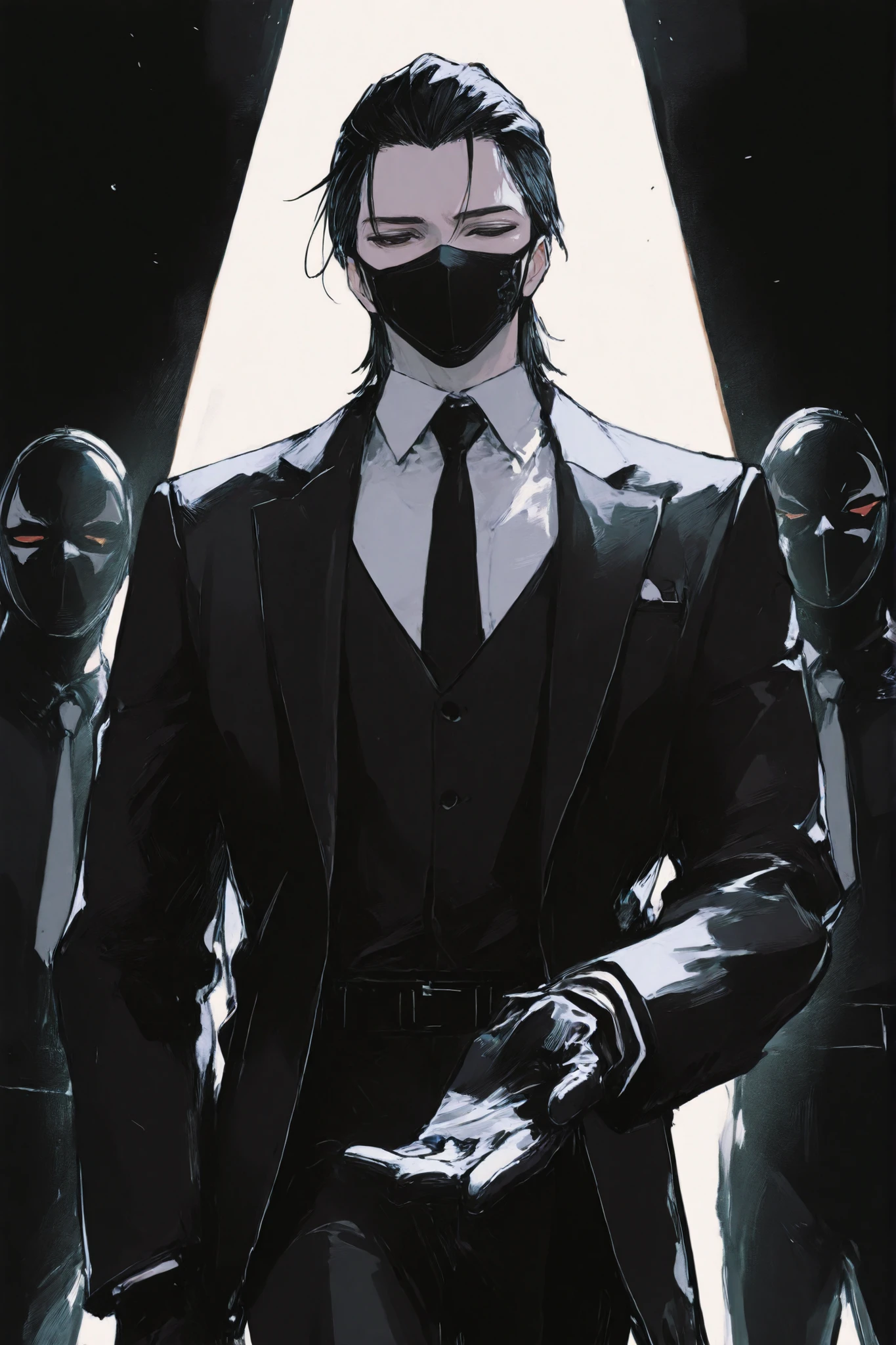 1boy, manga illustration, man, tall, perfectly dressed. wearing unique suit, tie, and gloves. black hair, slicked backwards, full face black mask strapped behind his head, slightly off, revealing a black pupil. Background dark, with spotlight on him, lean, offering a hand forward, other gripping his mask.