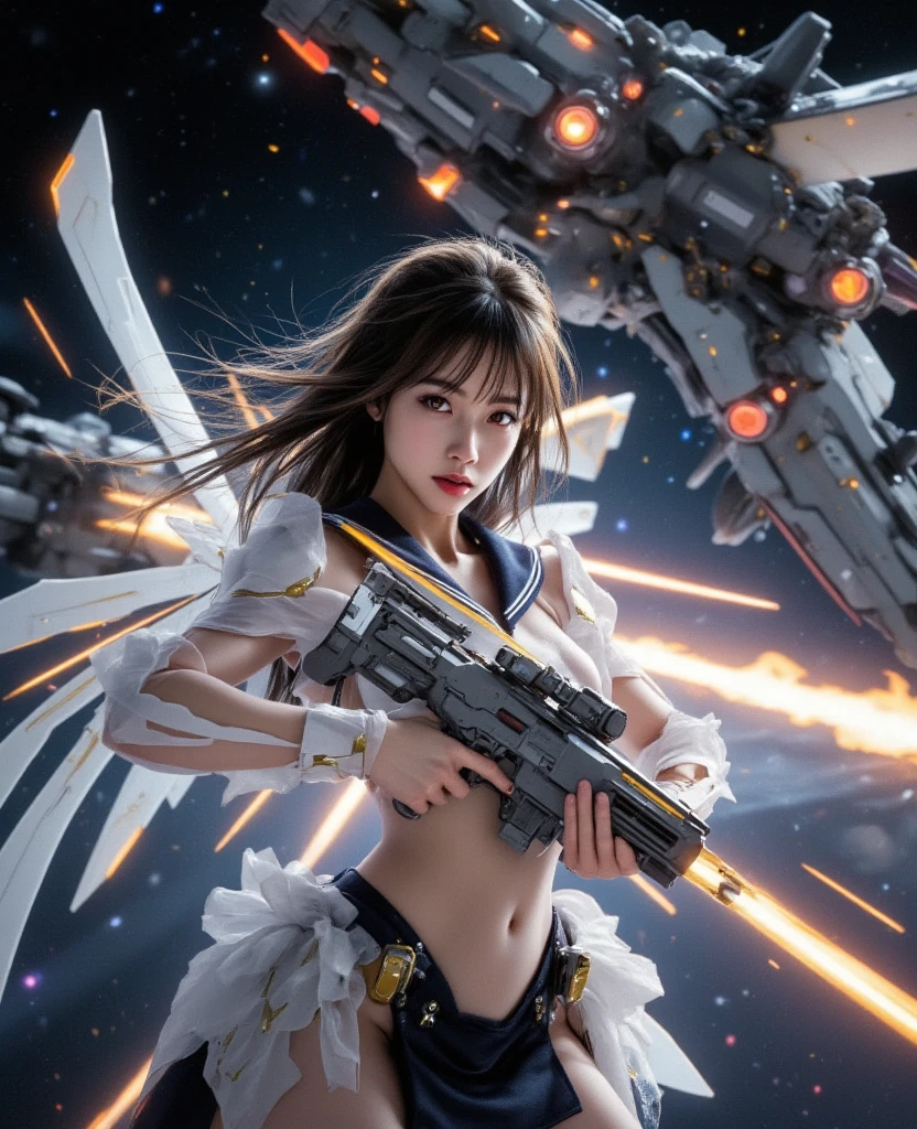 1girl,solo,best quality, masterpiece, 8k,raw photo, Year 2510, Three Futuristic Sexy Topless Space Women attack with LASERS