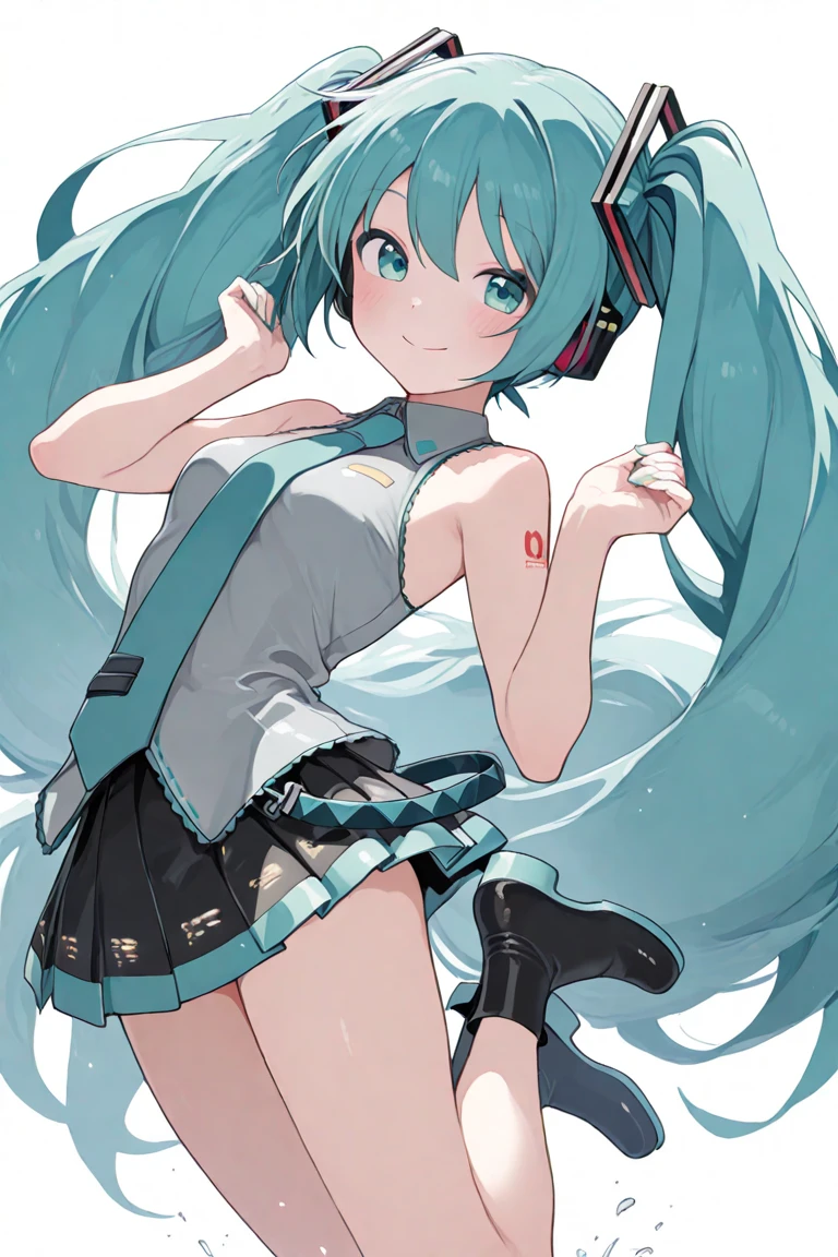 Dagger scattering pose, whole body, Hatsune Miku's pose with a dagger on her finger, strong wind blowing effect, dynamic posture, white background, flying dagger, half side view, fluttering hair, martial arts, anime, illustration, 포케미쿠 비행타입, 단검을 날리는 미쿠가 전신을 드러낸 모습, 배경 없음 