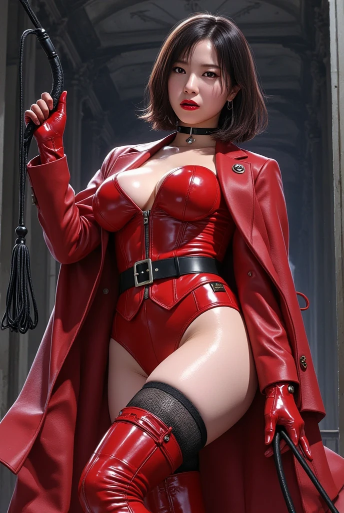Very Short Hair, (masterpiece、highest quality、Official Art), Beautiful face and dark eyes, Look down, Looking at the audience:1.5, Big smile, Wet Hair, Small Top, Red jacket, Long white boots, garter belt, (Black bondage suit:1.2), Red collar, Red choker, Futuristic black leather mask, Glowing Skin, Standing with your legs apart, Spread your legs wide, Realistic:1.9, Very detailed, Full Body Shot:1.2, Super Heroine, High-resolution RAW color photos, High Detail, Ultimately realistic details, Ultimately realistic texture, Ultimate in exquisite detail, Professional photos, Sexy portrait of a girl, Voluptuous bust, Narrow waist, Cleavage, Trained abdominal muscles, BIG ASS, Complete the whole body, Full body image, No underwear, highest quality, ((background:In town:1.4)), suzune, suzune's clothes