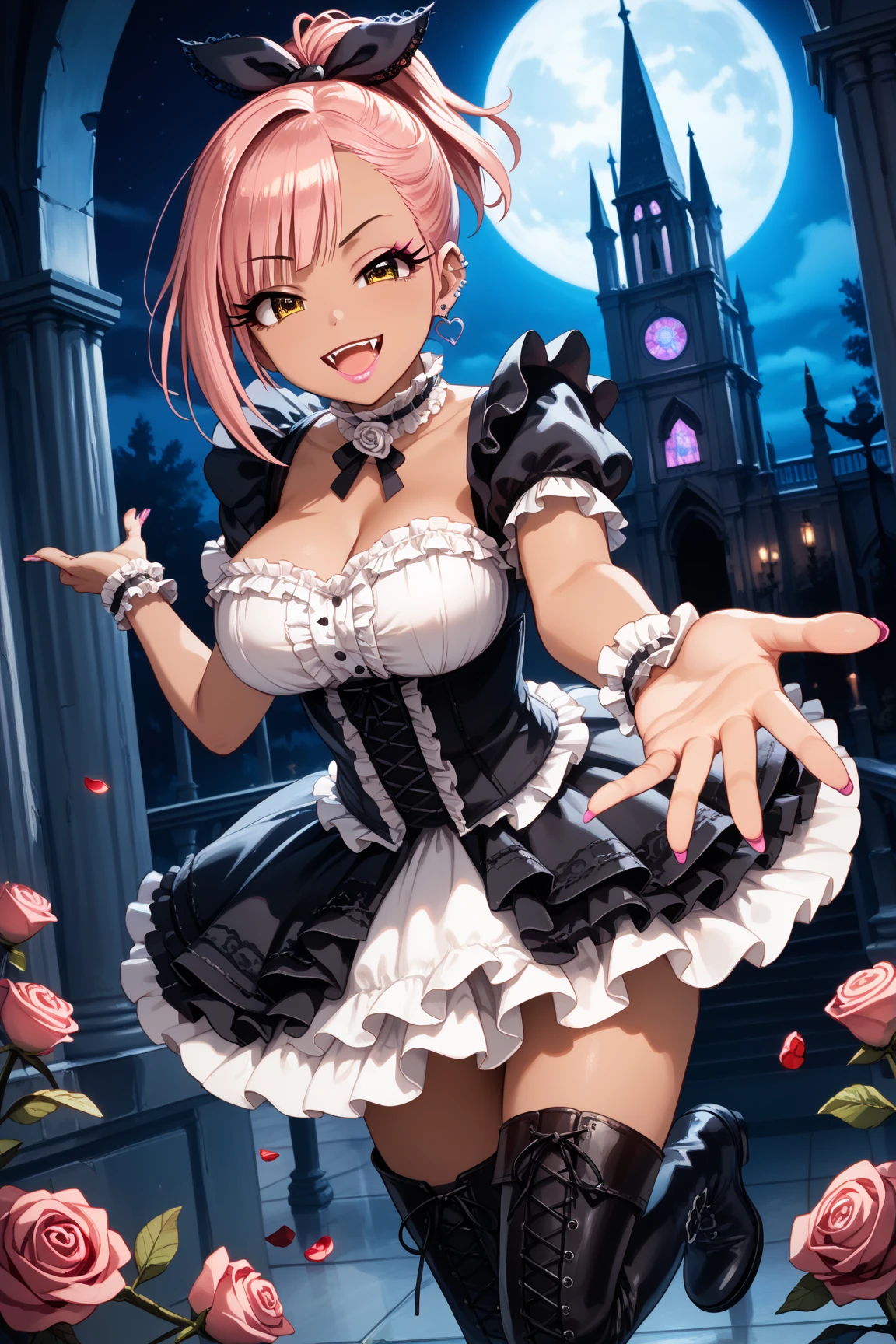 Girl with pink hair, long twin-tail hairstyle, (small bushy pink eyebrows), dressed in gothic lolita clothing, lolicon (Zankuro) drawing style by zankuro artist, Zancro style, image uploaded to R34, (in a church full of people), , flirty smile, lifting her dress to show her wide, naked hips, underwear in her hands, breasts out, wearing a wedding dress