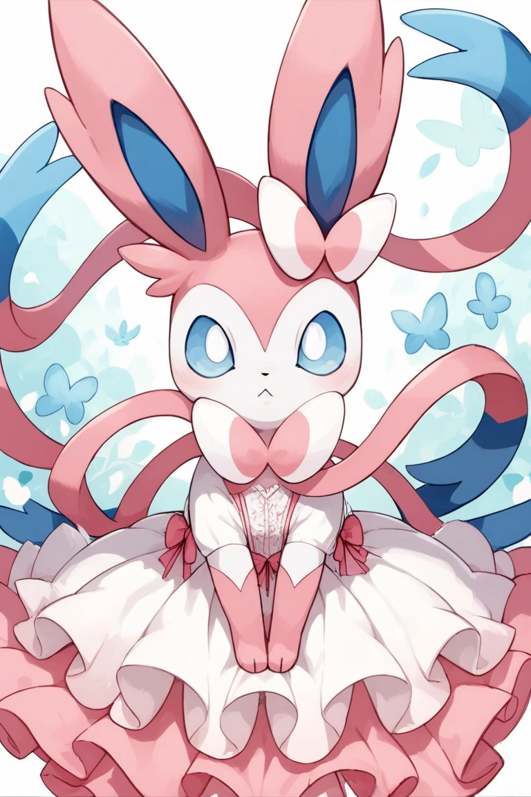 solo, (((quadruped, feral)))

front view, blush, shy, looking at viewer, blue eyes

lying, (on back), spread legs, pink pawpads

sylveon \(pokemon\), ((sylveon)), [[eeveelution, white body, blue eyes, white fur, fur, ribbons, pink_fur]]