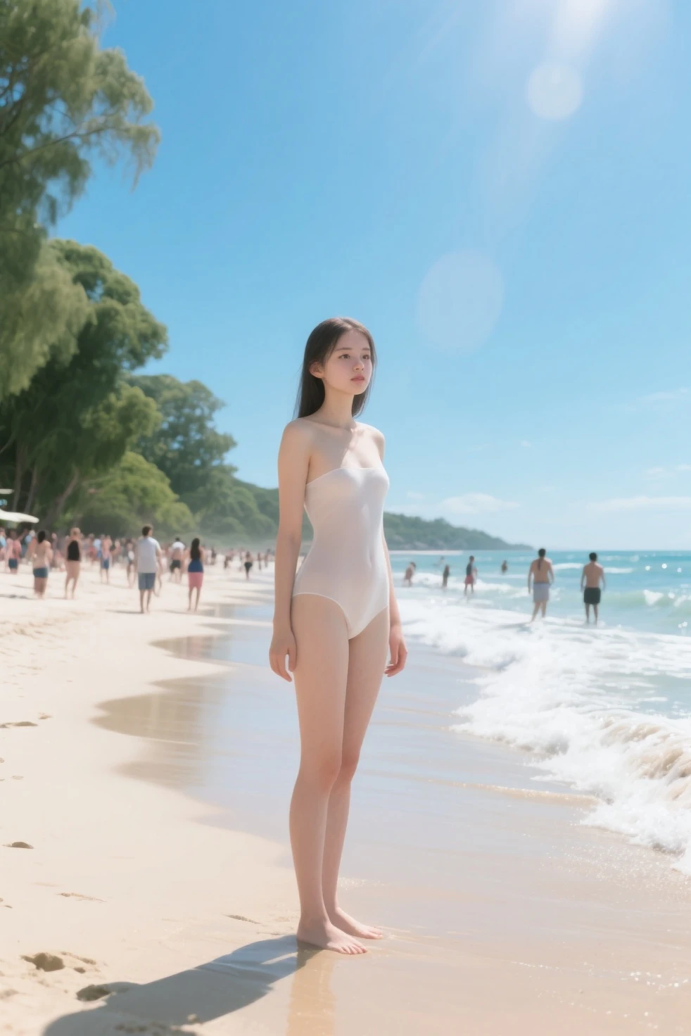 16-year-old female，sea beach，Larger bust，quadratic element，Bare chest，slim，比基尼