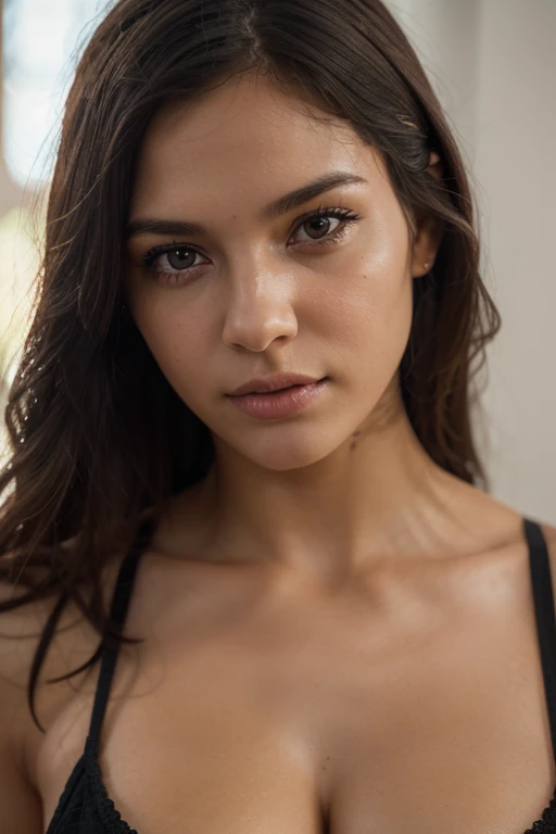 Hot brunette latina hair model with grey eyes beautiful lady, dark makeup, brune, hyperdetailed photography, soft light, full head and shoulders portrait, cover