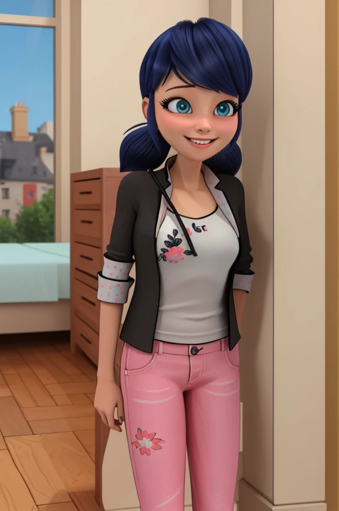 (8k, foto cruda, mejor calidad, Obra maestra:1.2), (detalles intrincados), ojos perfectos, cara perfecta, Perfect lighting, hermoso, (Obra maestra:1.2), (mejor calidad:1.2), 1 chica, solo, marinette, pelo azul, pelo largo suelto, adult torso, 17 years old, leve sonrisa, medium sized breasts, camisa blanca sin mangas, pink tracksuit pants