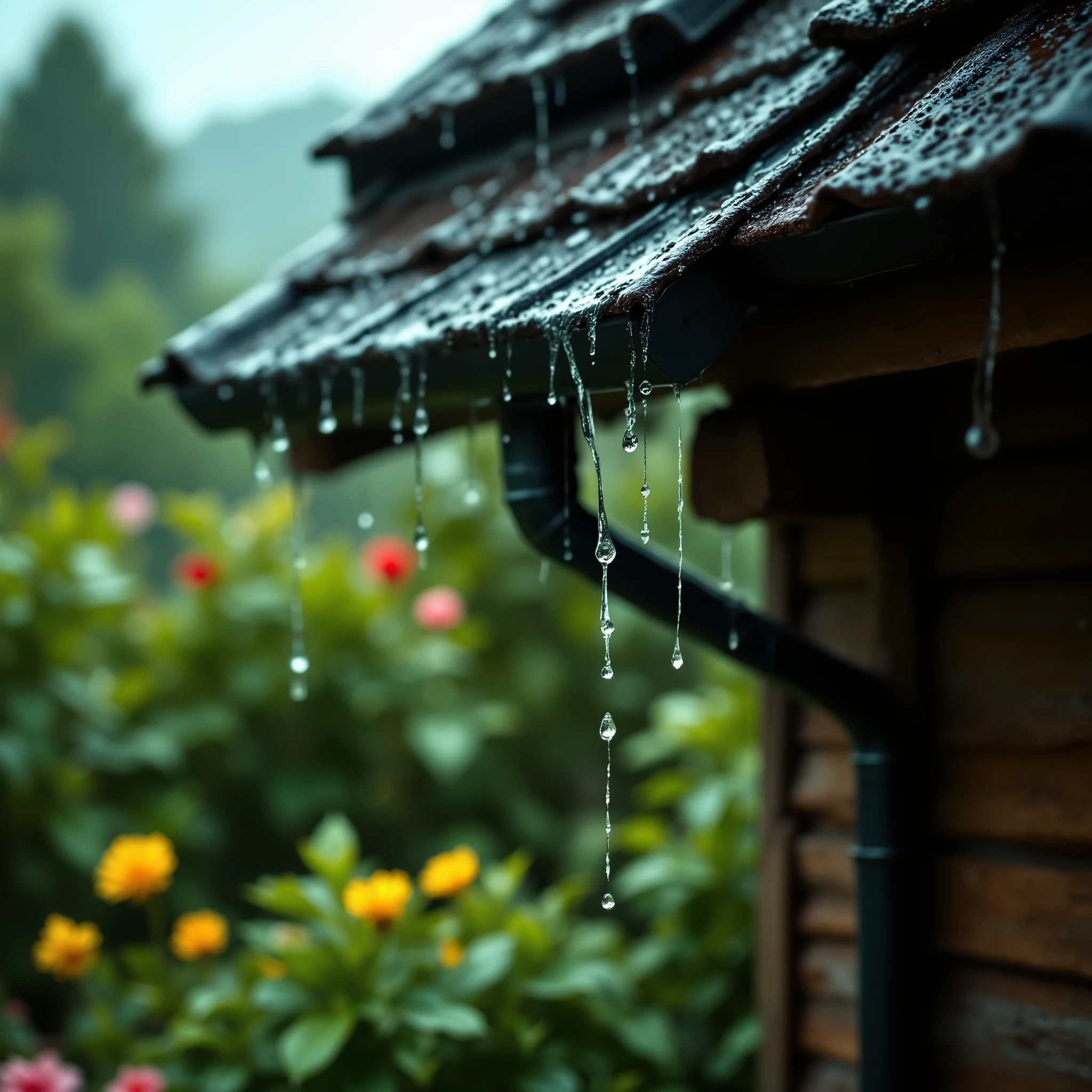 Large raindrops flow down from the roof, there is nothing more rain and roof, droplets flow down the sewer to form a stream of water, Masterpiece , best quality, complex details, Wysoko Kachestvo, maximum quality, 8 k, close-up of rain falling down the edge of a roof, flowing down rain gutter,detailed realistic landscape,8k,high resolution,masterpiece,ultra-detailed,physically-based rendering,extreme detail,professional,vivid colors,dramatic overcast sky,water droplets on roof surface, rain-soakedground, lushh greenery,rustic wooden architecture,moody natural atmosphere,cinematic lighting, photo-realistic, pastel-colored, florals, reflective surface, soft pastel palette