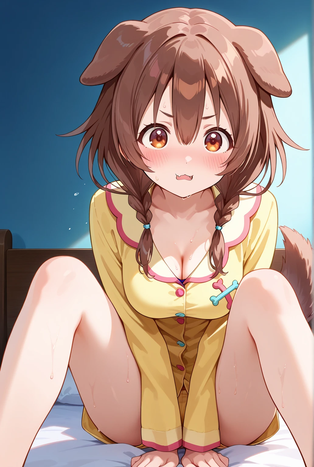 Beautiful illustration, best quality, cute girl, ((In a cute bedroom)), ((Kneeling on bed)), pastel color, natural tones, ((Brown hair)), ((Cute girl)), ((Dog ears)), ((Looking down)), ((Slender body)), ((Red collar)), ((White bikini)), ((Embarrased)), (Blush), bright lighting, ((Big eyes)), ((Perfect hands))
