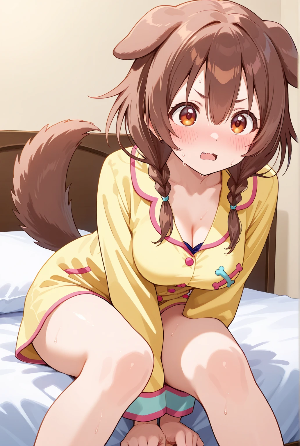 (masterpiece,best quality),1girl, solo, tail, barefoot, smile,fang, bottomless, sitting, blush, looking at viewer,fang out, cup, holding, spread legs, shirt, content rating, long sleeves, bangs, closed mouth, holding cup, pink shirt