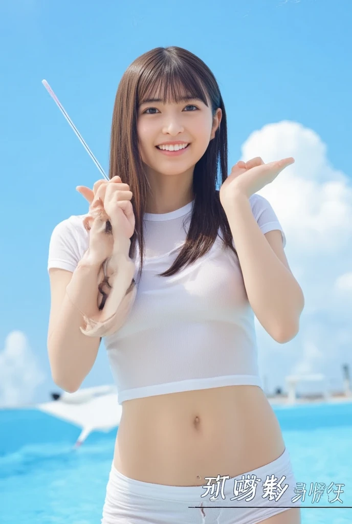 highest quality、8k、No makeup、masterpiece、Ultra-high resolution、Clear photos、Realistic、Professional Lighting、Very cute girl、The cutest Erina Mano:1.8、Cheerleader:1.8、smile、Large erect nipples:1.2、Ultra slim、Tight waist、Slender body、Thin legs、Brown Hair、smile、Field、Under the blazing sun、タイトなCheerleaderのユニホームを着て:1.8、Lightweight uniform:1.8、The skin is transparent:1.8、mini skirt:1.8、Jump towards the camera:1.8、Jump High:1.8、Skirt flips up:1.8、She gets excited and shows off her white panties:1.8、Full body photo:1.4