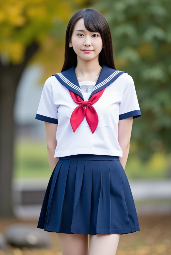(masterpiece, highest quality, High resolution), japanese woman,late s、 1 girl, Idol cuteness:1.5, beautifulしい顔:1.5、bob、dark brown hair、 smile shyly、Sense of cleanliness、Girls&#39; high school, Carrying a student bag、alone, blue sailor collar, sailor collar, serafuku, blue skirt, short sleeve, red ribbon,beautiful, Full body Esbian,on the way to school、walk、summer、like、model shoot、