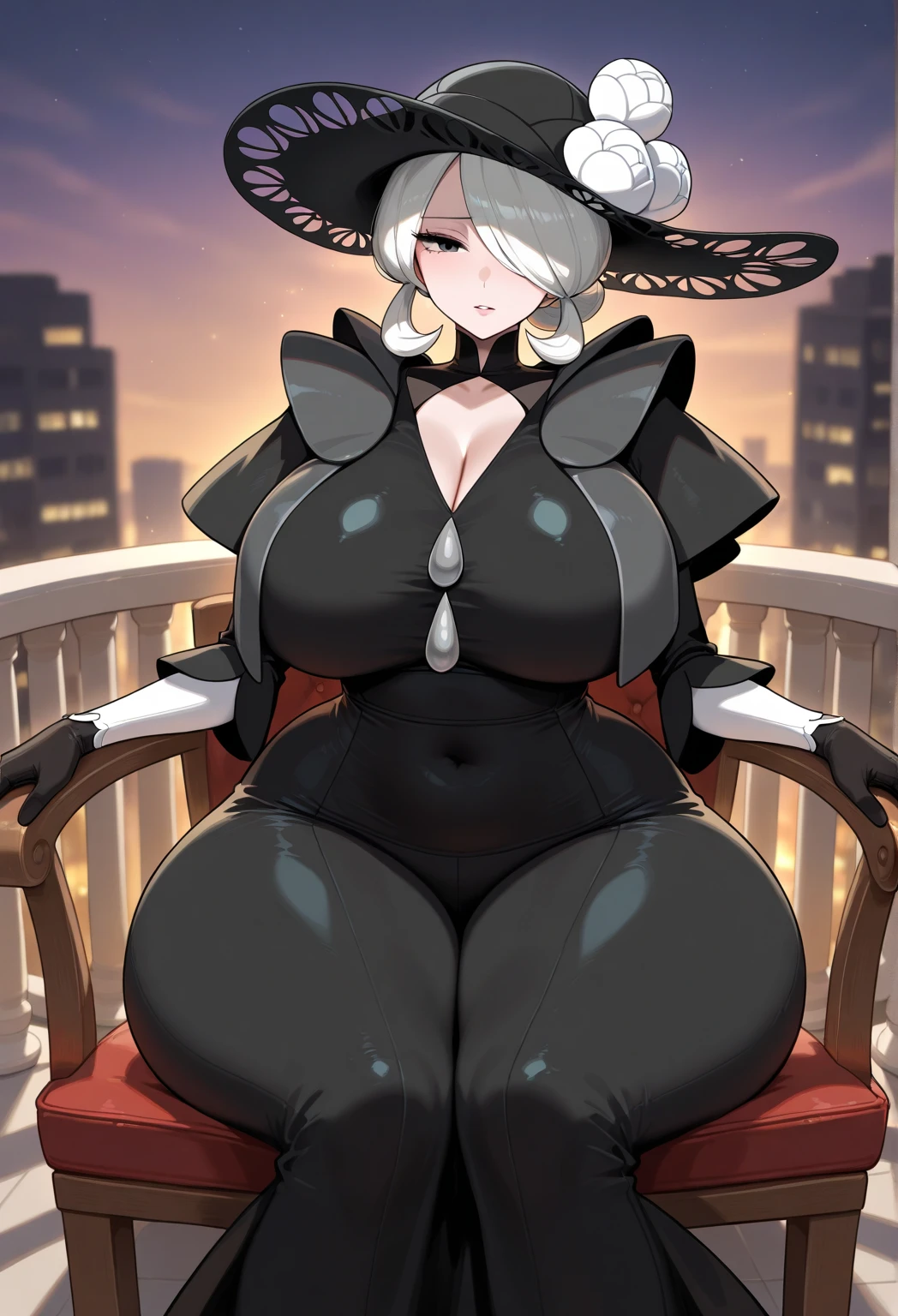 Consider, One girl, alone, chest, View Viewer, smile, short hair, Simple Background, gloves, Have, White Background, dress,  Green Eyes, flower, Gray Hair, Short sleeve, Lips parted, elbow gloves, white gloves, Hair on one eye, black dress, Hands on hips, Grey Eyes, Black Hat, Cropped jacket, (((bare breasts)))、((Beautiful body))、((Perfect body)))、(((From below)))、((whole body))、(Looking into the camera)、(((Shocked face)))