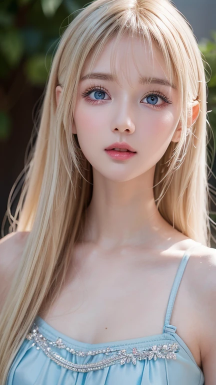 top-quality、超A high resolution、a picture、Photos of the cutest girls in the world、Detailed cute and beautiful face、(pureerosface_v1:0.008)、alice in the wonderland、17 age、White shiny skin、Shiny face、Bangs that go down to the eyes and nose、Platinum Blonde Super Long Straight Silky Hair、finer hair、Attractive beautiful vivid big purple eyes, a red dress、