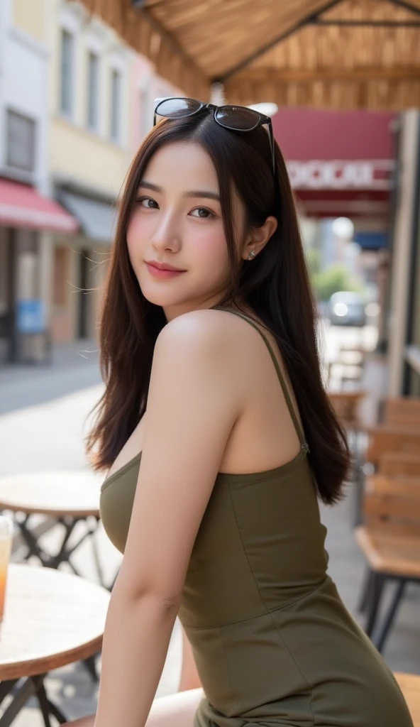 (Iced_Latte_With_Breast_Milk), looking at camera, front view, long hair, layered hair, bangs, (detailed face), at cafe, tempting pose, potrait body, mouth closed, smiling, black eyes, 1 girl, 20yo,Young female,Beautiful Finger,Beautiful long legs,Beautiful body, Beautiful Nose,Beautiful character design, perfect eyes, perfect face,expressive eyes,perfect balance, (looking at viewer), official art,extremely detailed CG unity 8k wallpaper, perfect lighting,Colorful, Bright_Front_face_Lighting,White skin, (masterpiece:1.0),(best_quality:1.0), ultra high res,4K,ultra-detailed, photography, 8K, HDR, highres, absurdres:1.2, Kodak portra 400, film grain, bokeh:1.2, lens flare, (vibrant_color:1.2),professional photograph, (Beautiful,huge_Breasts:1.4), (beautiful_face:1.5),(narrow_waist)
