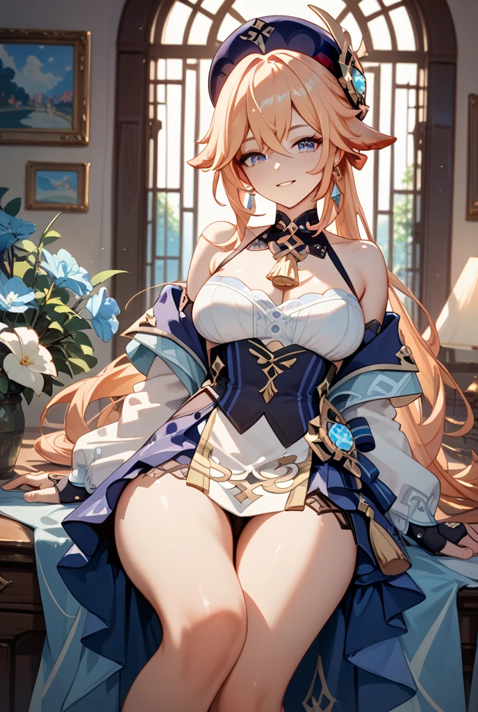 masterpiece, best quality, absurdres, soft lighting, looking at viewer, (light_smile:0.6),
1girl, ahoge, rabbit ears, playboy bunny, artoria pendragon \(swimsuit ruler\) \(fate\), large breasts , blonde hair, green eyes, french braid,  pony tail
bare shoulders, large breasts , cleavage,
clothing cut out, wrist cuffs, detached collar, navel cutout, feather boa,
white leotard, blue necktie, blue pantyhose, single thigh strap, hands behind head,
white background,squat,(open_legs:1.3),rabbit_pose,armpits,