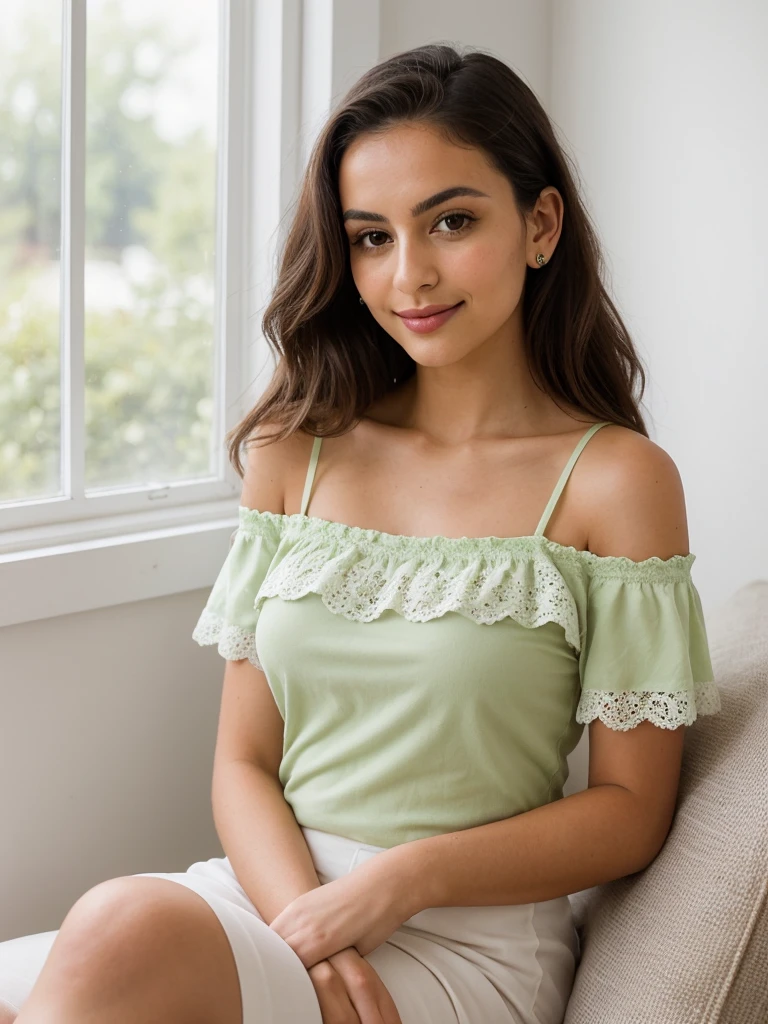 (masterpiece:1.4),ultra-detailed,(best quality), illustration, (Depth of field) (masterpiece, best quality), female hundred years old, delicate, native american, brown eyes,    square jaw, hollow cheeks,  unusual face shape, sculpted quadriceps,  , mint green tousled waves hair, contempt wearing lace g-string, bardot top,  veil,, hand on waist, placing a hand on the waist with a confident look, exuding allure and elegance, rainy window lighting, soft, diffused light through raindrops on a window, creating a cozy and intimate mood, a cheerful school classroom, with students working together and a passionate teacher