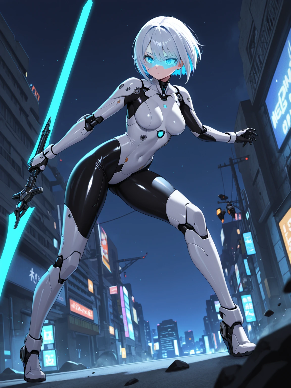 1girl, beautiful detailed eyes, superhero, mature woman, white hair, bob hair, short hair, green eyes, beautiful detailed eyes, leotard, black leotard, bare legs, boots, gloves, atoms, glowing body, light surrounding her body, light particles, space backdrop, standing, hand on hip, perfect anatomy, cowboy shot, full body shot, superpower, solo, single.