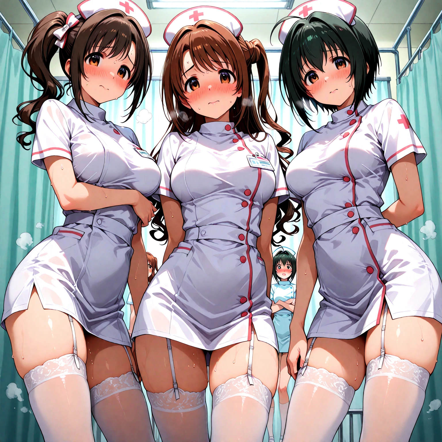 ((Highest quality)), ((masterpiece)), (detailed),Perfect Face,Strong light from the front,With front light,A group of nurses sitting on a hospital bed with their legs spread apart, wearing nurse uniforms, no panties, no bras, no skirts,