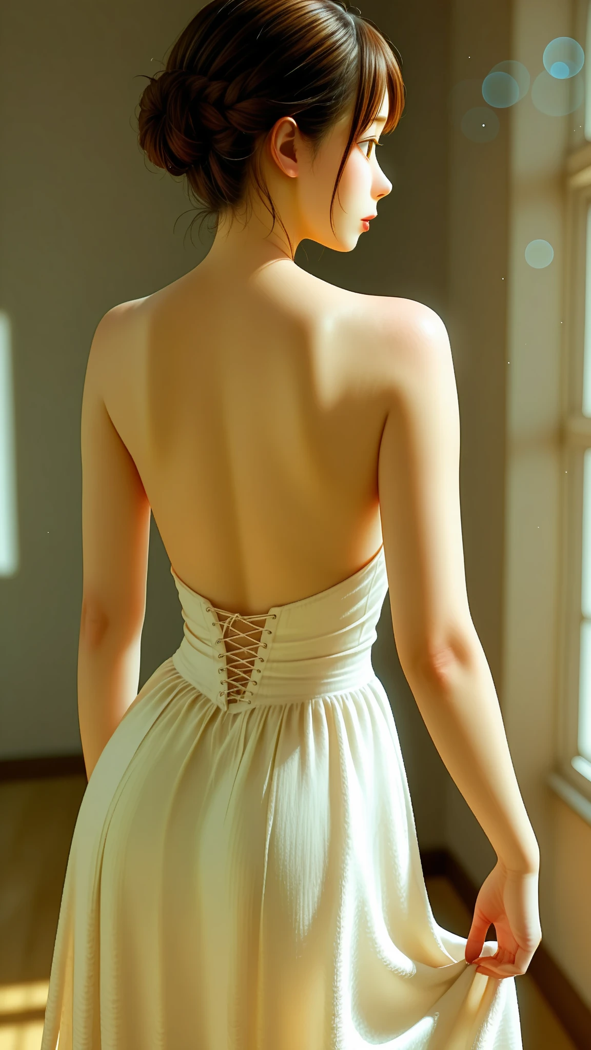 (highest quality,4k,8k, High resolution, masterpiece:1.2), Photo of a woman's back,22 year old cute Japanese woman、dramatic lighting、Dresses with visible backs、white dress