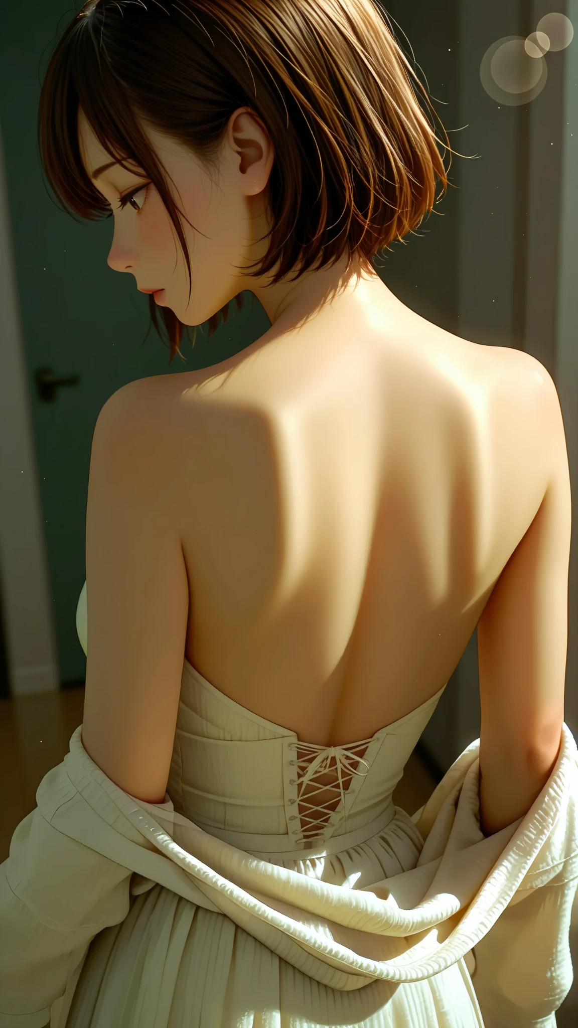 ((((masterpiece, best quality, high resolution)))), Extremely detailed 8K, Beautiful girl with voluptuous body, (crawling on the ground), (cleaning the floor), (seductive crawling on the floor), open legs, back view, (Realistic red hair), (wavy single hair bun), (embarrassed), (beautiful face), (smile), blush, masterpiece, best quality, CG, HDR, illustration, wallpaper, absurdres, high-definition, extremely detailed, (maid dress:1.2), ((lace thong panty)), ((high heels)), (Ultra HD, Ultra-detailed, Highly detailed, Highly realistic, Ultra-realistic, photograph realistic)