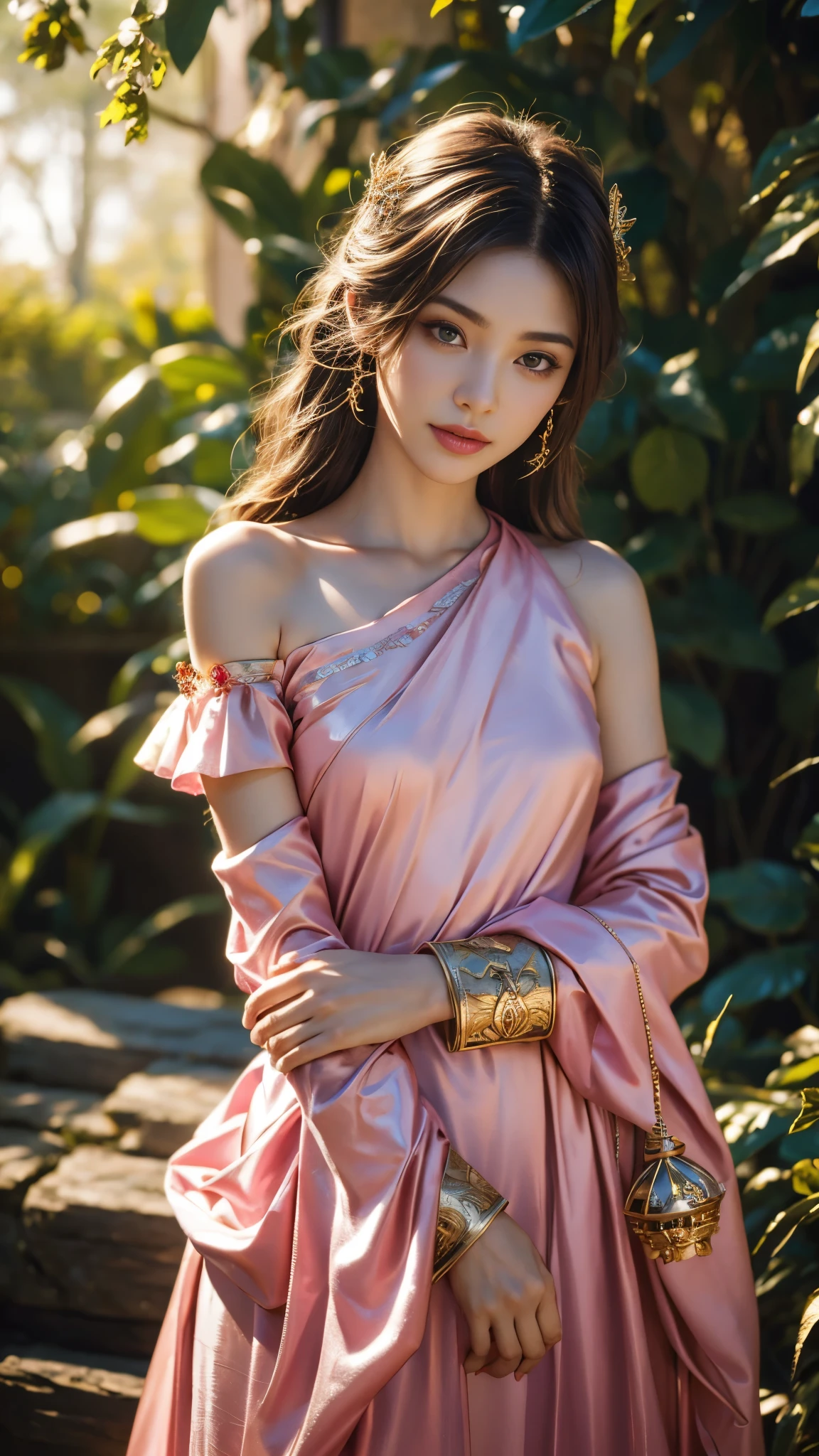 masterpiece, absurdres, sakura\(naruto\), 1girl, solo, smiling, mature female, wearing indian saree,pink saree,  looking at viewelling petals), perfect composition, detailed lips, big breast, beautiful face, body proportion, blush, (pink lips), long  hair, opened hair, brown-eyed, soft gaze, super realistic, detailed, photoshoot, realistic face and body, full body picture, 16k