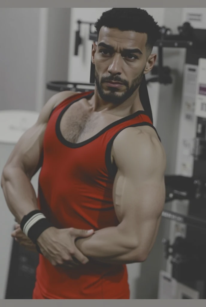 A handsome guy in the gym, Natural Lighting, Prime Time, Warm and approachable mood, Clean, classic and intimate aesthetics, 8K Ultra HD, Digital SLR Camera, Soft lighting, high quality, Film Grain, Fuji XT3 1boy, , Upper Body,, (masterpiece,best quality:1.5)