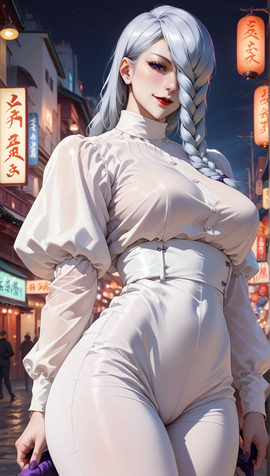masterpiece, best quality, highres, Amira, long hair, bangs pinned back, topknot, large breasts,wearing kimono, cleavage, cowboy shot, standing, outdoors, bar, shy,