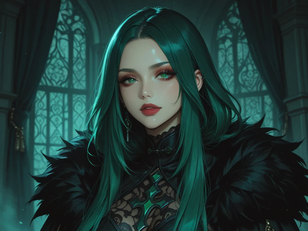 girl, gothic, long green hair, green eyes, black lipstic, cat ears, hyper realism, artstation