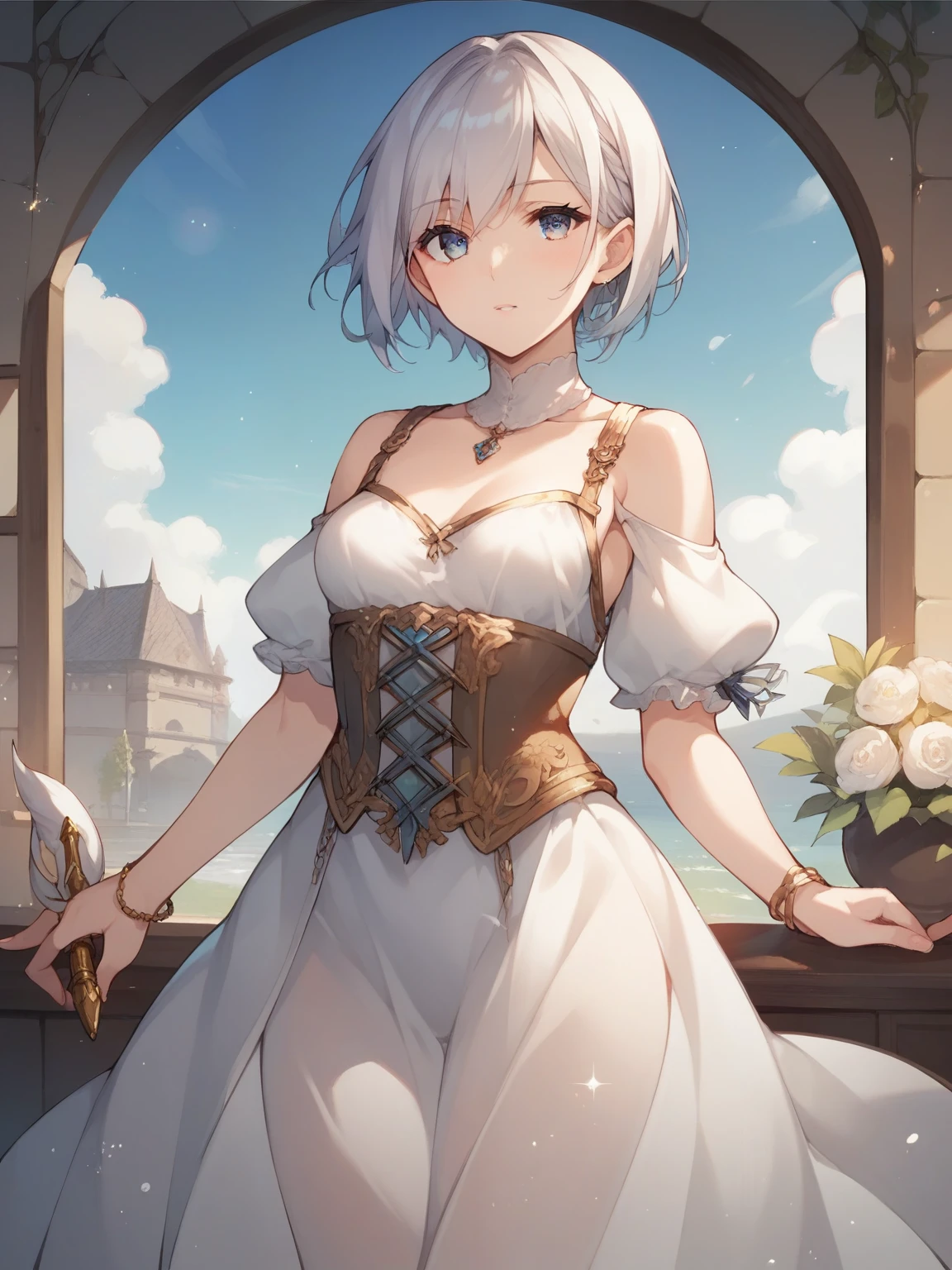 score_9, score_8_up, score_7_up, Source_Anime, ，Painting designed in Raphael's style，Beautiful white woman with small breasts is wearing a see-through dress，medieval European clothing，glitter，fisheye lens:1.3，Kyoani Style， Depth of Subject ，