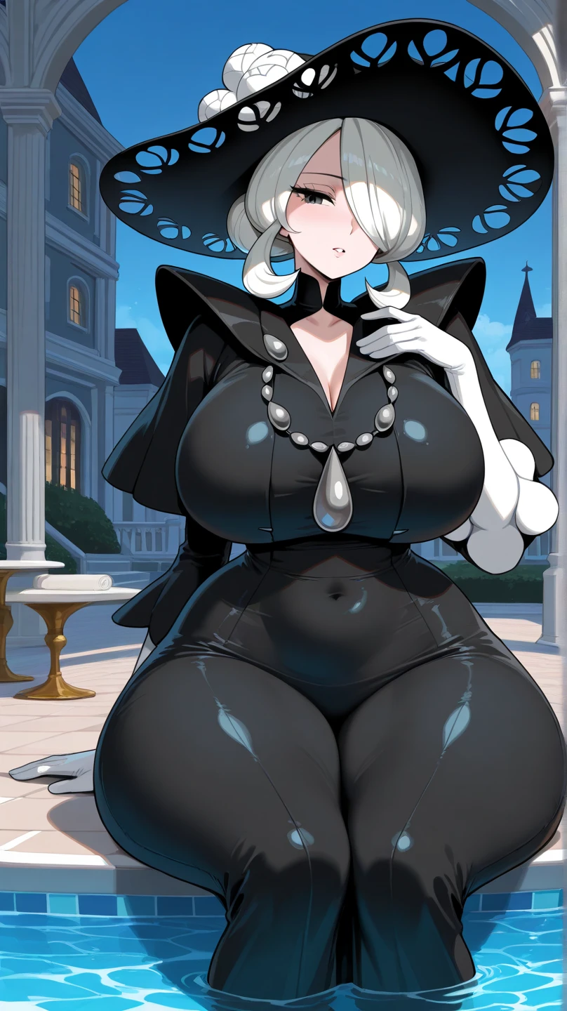 ((masterpiece, best quality)),solo,1girl, highres, detailed, soft lighting, long hair,power dress, pearl necklace, crown,smile, missing tooth, black outline, large breasts, long gloves,full body,wear high heels.