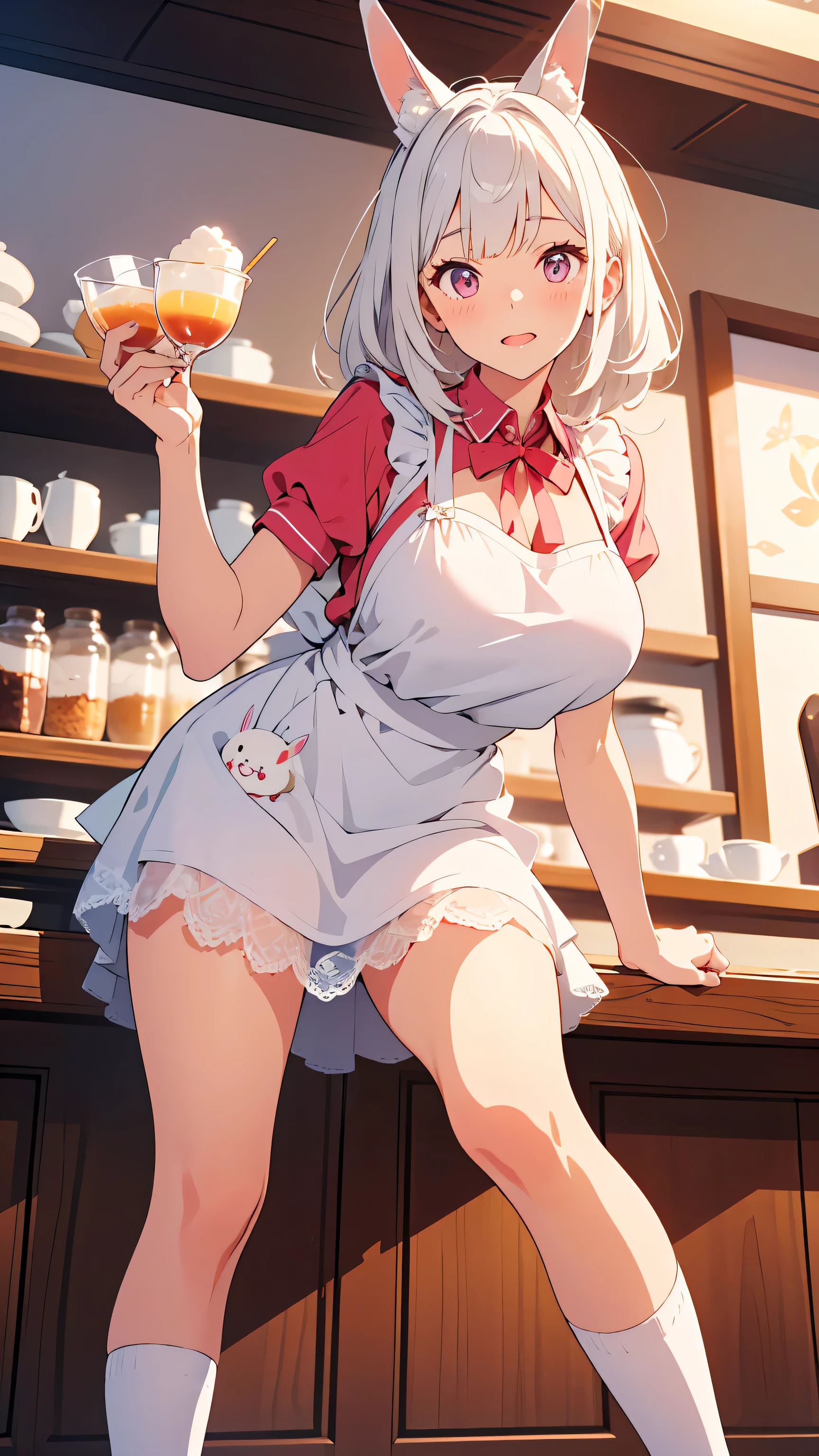 masterpiece, best quality,  blurry background,  (( Fine line drawing:1.3)), 非常にdetailsな,  details, high resolution, 8k Wallpaper, Perfect Dynamic Composition:0.5, Biologically Accurate Skeletons and Limbs, Beautiful Eyes with Attention to Details, [[Lily], (20-year-old woman,  woman), height 155cm, (natural large breasts:1.3),E-cup, ムチムチな胸と太もも, soft breasts, soft and fluffy body shape, (sweet and clumsy café waitress), ウエイトレスの服,  ((medium white hair with fluffy waves and bangs)), (うさぎの長い丸耳, ふわふわな耳, white rabbit ears), (pink and white maid dress, simple design, lace apron, knee-high socks), round pink eyes, curled long lashes, soft white skin, round bone structure, ふんわりした雰囲気], natural colored lips, ((face focus)), from below, (笑顔で客をもてなす, 明るい笑顔), 喫茶店の外でチラシを配っている, ddyuika,