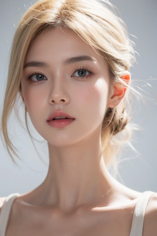 raw photo of beautiful female, looking at camera, centered portrait upper body, Miss Sweden, slim perfect face, natural look, playmate, wavy blonde, wet hair tied in a bun, supermodel, wet skin, pale skin, blushing cheek, very very small bust, closing eyes, feeling ecstasy, nude skin, in photo studio