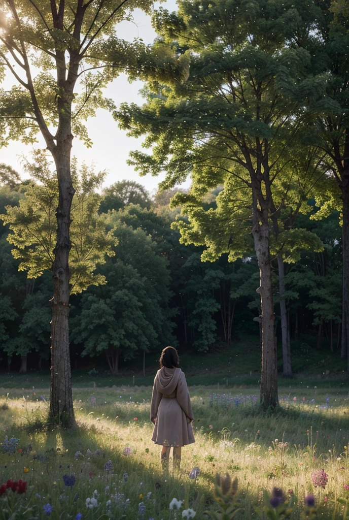 A film still showcasing a serene forest clearing, dappled sunlight filtering through the trees, as a solitary figure stands in quiet contemplation, immersed in the beauty and tranquility of nature.