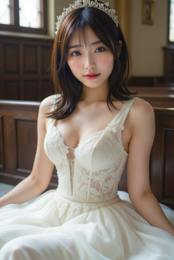 (Anatomically correct:1.3), (try to cover your chest with your arms:1.1), (Professional portrait、Professional Writing)、detailed、(8K, High resolution:1.2)、(RAW Photos, Realistic:1.3)、Slim figure、Delicate and beautiful face、High resolutionの目、(Symmetrical eyes)、High quality and beautiful skin、Firm Skin、Natural Makeup、Gloss Lip, High-definition hair texture、Highest quality、masterpiece、Japanese women、 years old、(half updo:1.3), very cute, (detailedなwedding dress:1.3)、(Very embarrassed:1.3), (blush:1.3), (Embarrassed look :1.3)、Looking at the camera, Luxury Bedroom、(Mid-chest, Nipples are slightly visible:1.2), Thin Necklace、Small earrings, (Multiple Angles:1.3)